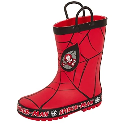 Image of Marvel Boys Spiderman Wellington Boots With Handles Kids Rubber Wellies Wellys Red/Black UK 1