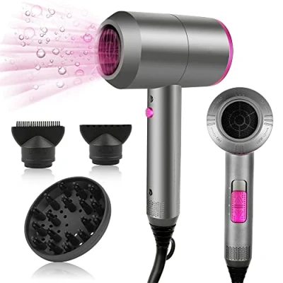 Image of HappyGoo Hair Dryer Professional Ionic Hairdryer with 2 Speed 3 Heat Setting, Cool Shot Button, 1 Diffuser &amp; Concentrator, Hairdryers for Women Man Light Gray