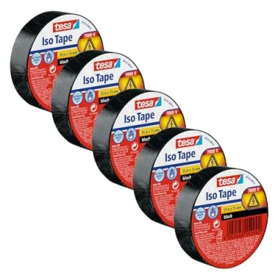 Image of tesa Insulating Tape 5 Pack Self Adhesive Tape, Heat Resistant for Insulating, Repairing and Bundling 5X 10 m:15mm Black