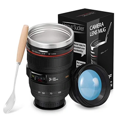 Image of Splend Camera Lens Coffee Cup &amp; Travel Mug, Double Wall Insulation Reusable Mugs, Food Grade Stainless Steel Mug Drink Flask Water Bottle Cup, 320 Milliliter Balck