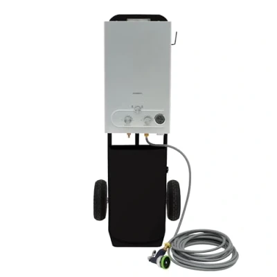 Image of Portable Horse Shower with Steel Trolley Black 18L Tankless Instant Hot Water Gas Boiler LPG Heater 10m Hose &amp; 9 Pattern Spray Gun Camping Outdoor 10&quot; Tyres Storage Tray Side Hook Accessories