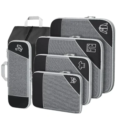 Image of SINZUX 6 PCS Compression Packing Cubes, Black Extensible Ultralight Cubes for Suitcases, Suitcase Organiser Bags Set, Travel Suitcases Backpack Luggage