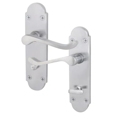 Image of EAI Satin Bathroom Door Handles Victorian Scroll Shaped 1 Pair of Internal Chrome Lever on Backplate