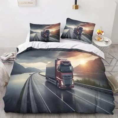 Image of GEEYOU Lorries Breathable Duvet Cover Set Hidden Zipper Trucks Quilt with Pillowcases Bedding Soft Microfiber Comforter for Various Sizes Beds Double（200x200cm）