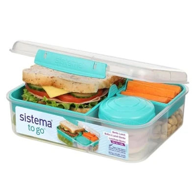 Image of Sistema TO GO Bento Lunch 1.65 L School Box With Compartments &amp; Snack Pot BPA Free 1 Count Minty Teal