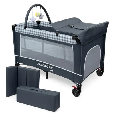 Image of Mobiclinic®, 3 in 1 Travel Cot with Bassinet, Infant Crib Park, Baby Changing Table, Adjustable Folding Bed, Carry Bag, Mesh Sides, Wheels Brake, Max. 15 Kg, Caelum, 120cm x 60cm