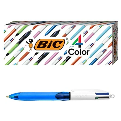 Image of BIC 4 Color Grip Ballpoint Pen, Blue Barrel, Medium Point (1.0mm), Assorted Inks, 3 Count