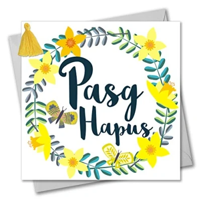 Image of Tassel Embellished Welsh Language Easter Greeting Card, Daffodil Wreath and Butterfly, Pasg Hapus, WEBL005