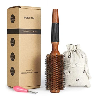 Image of BESTOOL Round Brush for Blow Drying, Boar Bristle Hair with Wooden Barrel, Large Styling Women &amp; Men, Straightening, Curling, Adding Shine or Volume (2.5 Inch)