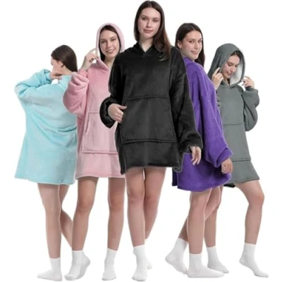 Image of K MART Oversized Blanket Hoodie for Men &amp; Women,Thick Flannel with Sleeves and Giant Pocket Super Soft Warm Cozy Wearable Sweatshirt Adults Black