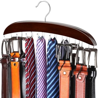 Image of Belt Hanger, 14 Hooks Holder for Closet, Wooden Tie/Belt Rack Storage, 360Rotating Belts Organizer Closet Space Save Tie, Tank Top, Scarf Walnut Wood with Chrome