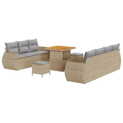Image of vidaXL 10 Piece Garden Sofa Set with Cushions Beige Poly Rattan Acacia