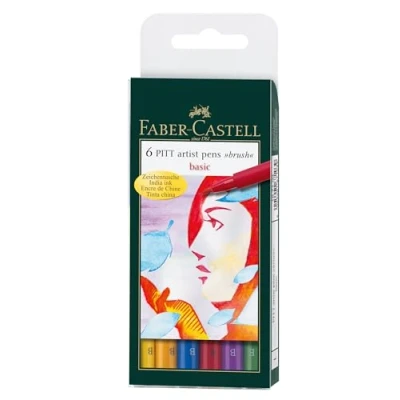 Image of Faber Castell Art &amp; Graphic Pitt Artist Pen Brush India Ink Pen, Basic Colours, Wallet Of 6, For Art, Craft, Drawing, Sketching, Home, School, University, Colouring