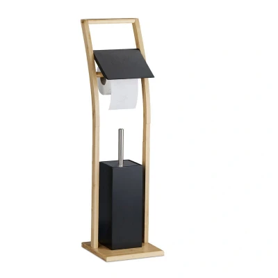 Image of Relaxdays WC Set, Standing Toilet Paper, Brush with Holder, Bathroom Accessory, 74 x 20 cm, Black/Natural, Bamboo