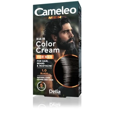 Image of Cameleo Men Permanent Hair Dye Black Colour for Beard &amp; Moustache Natural Effect in 5 Minutes Cover Grey Ammonia FREE 30ml