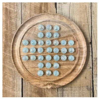 Image of 30cm Diameter MANGO WOOD solitaire BOARD game with SNOWFLAKE GLASS MARBLES classic wooden