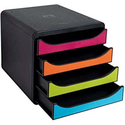 Image of Exacompta Ref 310498D BIG BOX Desktop Drawer Set 4 x 55mm Drawers, Suitable for A4+ Documents, 347 278 267mm, 100% Recycled Plastic Black/Harlequin
