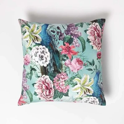 Image of HOMESCAPES Pink &amp; Green Reversible Velvet Floral Cushion 46 x cm Filled Decorative Throw Pillow with Peacock Design Insert Included