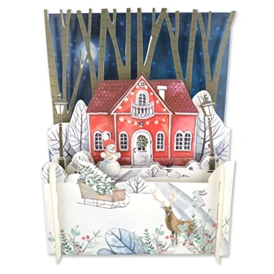 Image of Festive Home Snowman &amp; Sleigh 3D Pop Up Christmas Greeting Card by Alljoy Cards XPOP021