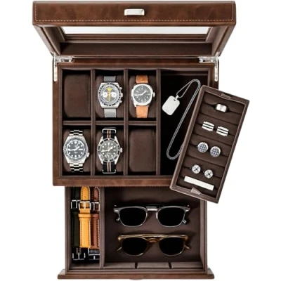 Image of TAWBURY 6 Watch and Jewellery Box Men Vegan Leather Display Case Mens Organiser Storage Cases for Men’s Jewelry Watchbox