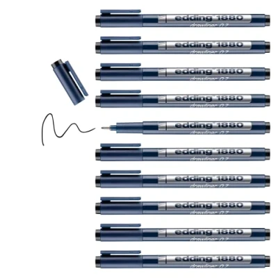 Image of edding 1880 profipen black 10 pens line width 0.7 mm fineliner pen for precise writing, sketching and technical drawing fine, metal encased nib suitable use with rulers stencils