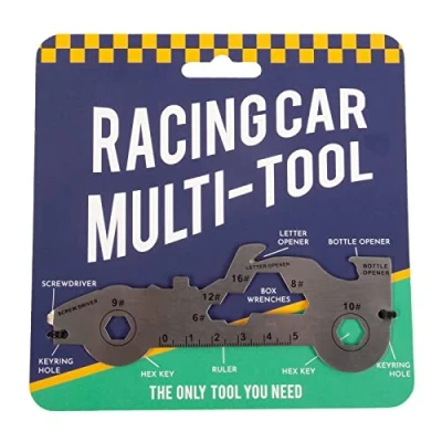 Image of Fizz Creations Novelty Racing Car Multi Tool Keyring Gadget. Multitool Includes 7 Unique Functions. 2 Hex Keys, a Ruler, Screwdriver, Letter Opener, Bottle Opener and Box Wrenches.