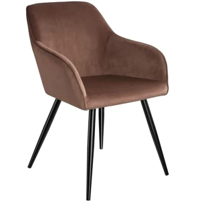 Image of TecTake® Dining Chair in Velvet Look with Steel Legs, Stable &amp; Thickly Padded Armchair, Ergonomic Design Easy Assembly Ideal as Dining, Living Room, Bedroom Office Brown/Black
