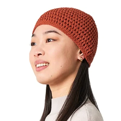 Image of CHARM Cotton Skull Cap for Men Crochet Kufi Hat Mens Beanie Prayer Knit Soft Sensitive Skin Chemo Orange L