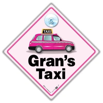 Image of Gran&#039;s Taxi Sign, Car Suction Cup Grans Pink London Black Cab Sign 14cm x
