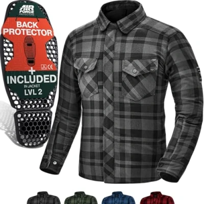 Image of SHIMA RENEGADE Men 2 Motorcycle Shirt for Armored Plaid Biker Flannel Jacket with Kevlar by DuPont layer, CE Back, Shoulder, Elbow Protectors, Zipper and Snap Closure (Black, L)