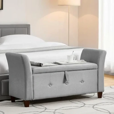 Image of Vida Designs Seville Storage Ottoman, Fabric Chest with Lid, Seat, Stool, Window Bench, Chest, Toy Box, Pouffe, Footstool, Light Grey Linen