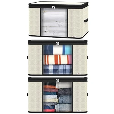 Image of Vinsani 3pcs Deluxe Clothes Storage Bags Organizer Large Capacity Double Zipper, Moisture Proof Big Clear Windows Perfect Space for Clothes, Beddings, Blankets and Duvet Cream