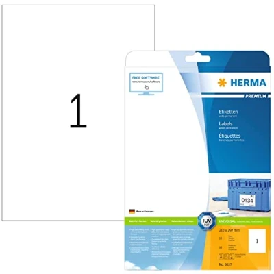 Image of HERMA Self Adhesive Multipurpose Labels, 1 Label per A4 Sheet, 10 Sheets, 210 x 297 mm, Blank Universal Labels Stickers, Sticky for Laser &amp; Inkjet Printer, White