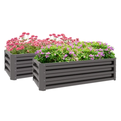 Image of Outsunny Steel Raised Beds for Garden Set of 2, Outdoor Elevated Planter Box, Easy to assemble, Growing Flowers, Herbs and Vegetables, Dark Grey