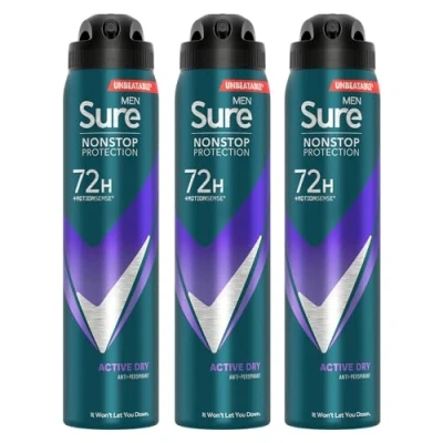 Image of Sure Antiperspirant 72H Nonstop Sweat and Odour Protection Alcohol Free Body Spray Anti White Marks with Fresh Sporty Scent Multi Fragrance Deodorant for Men, 250ml (Active Dry, Buy 3)