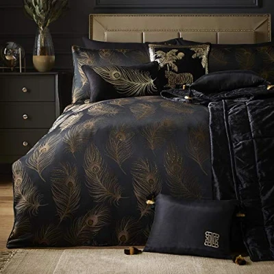 Image of Laurence Llewelyn Bowen Black Peacock Feathers Duvet Cover King Bedding Size (230 x 220cm) 2 Pillowcases Jacquard Set in &amp; Gold Luxury Bird