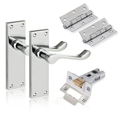 Image of XFORT Chrome Elegance Range Polished 6&quot; Victoran Scroll Lever Latch Door Pack, Complete Set with Handles, 65mm Tubular and 75mm Ball Bearing Hinges, for Internal Wooden Doors
