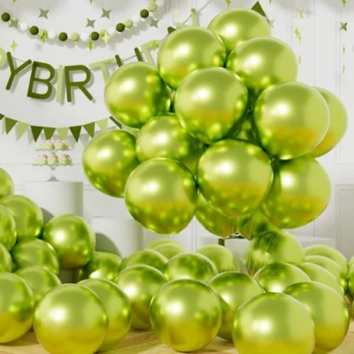 Image of AULE Metallic Lime Green Balloons: 50 Pcs 12 inch Chrome Neon Party Balloons Shiny Light Latex Helium Thicken Balloon Birthday Baby Shower Jungle Dinosaur Decoration