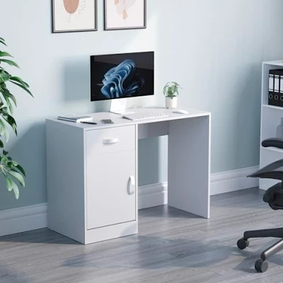 Image of Vida Designs Hudson Computer Desk with Drawer and Door, Home Office PC/Laptop Table, Gaming Study Workstation Storage Cupboard Furniture, White