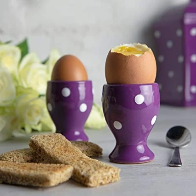 Image of City to Cottage Ceramic Egg Cup Holder set of 2, Soft Boiled Cups, Hard Eggs Stand Holders, Breakfast Cooking Kitchen Serving Cup, Handcrafted Cups (Purple Polka Dot)