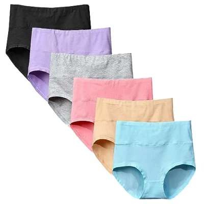Image of Yintry Underwear for Women High Waisted Knickers Stretchy Cotton Panties Slight Tummy Control Pants 6 Pack (L, 6Colors)