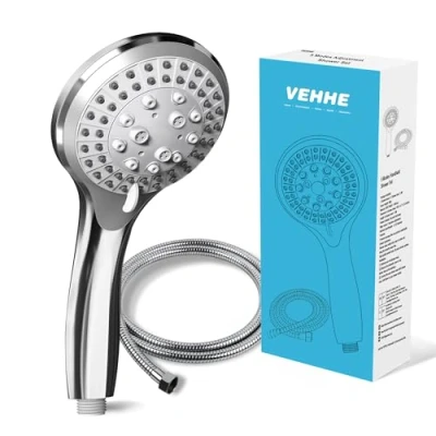 Image of VEHHE Shower Head Powerful Flow with 1.5m Chrome Hose Pressure Boosting Spray 5 Modes Water Saving Bathing for Adults Children Pets Home and Gym Use