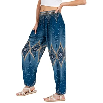 Image of Lofbaz Harem Pants for Women Yoga Boho Hippie Clothing Womens Palazzo Bohemian Pajama Trousers Beach Indian Gypsy Genie Clothes Floral 2 Teal Green L