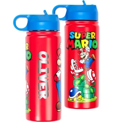 Image of Super Mario Brothers Stainless Steel Personalised Bottle with Straw For Boys Engraved Name 700ml School Water Kids