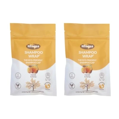 Image of Nilaqua NO Rinse Shampoo Wrap_the World&#039;s First Biodegradable Cap 100% Bamboo free Pleasant Fragrance Oatmilk &amp; Honey 2pack