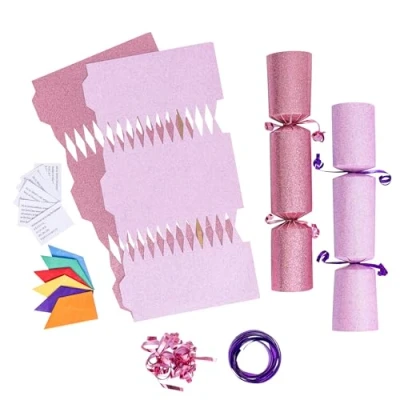 Image of evelay 12 Make Your Own Christmas Cracker Kit DIY Baby Pink &amp; Glitter Crackers Hats Snaps Jokes (Baby Pink, Pink)