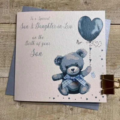 Image of WHITE COTTON CARDS SON &amp; DAUGHTER IN LAW NEW BLUE TEDDY BEAR BABY CARD, HAND FINISHED (B248 S)