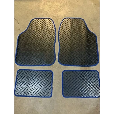 Image of TO FIT: Peugeot 107 UNIVERSAL RUBBER CAR FLOOR MATS BLACK WITH BLUE TRIM 4 PIECE SET