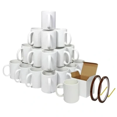 Image of Blank Sublimation Mugs 72 Pack White Ceramic Polymer Coated 11oz Large AAA Grade Cup with Handle Presentation Gift Boxes &amp; 2 Heat Tape Rolls 22m Long x 0.5cm Wide Tea Coffee Microwave Dishwasher Safe