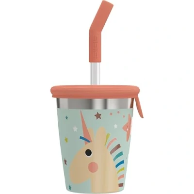 Image of Sigg Stainless Steel Children&#039;s Cup with Silicone Lid and Straw Splash Proof BPA Free Lightweight Robust Unicorn 0.35 L